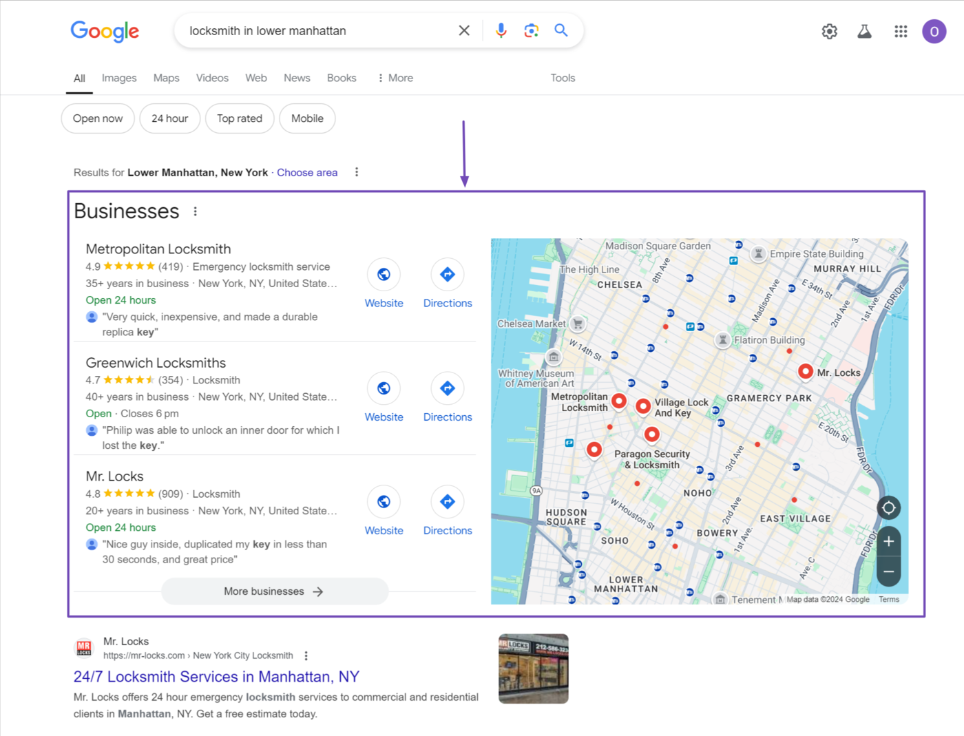 Sample of the local pack on Google search results page 