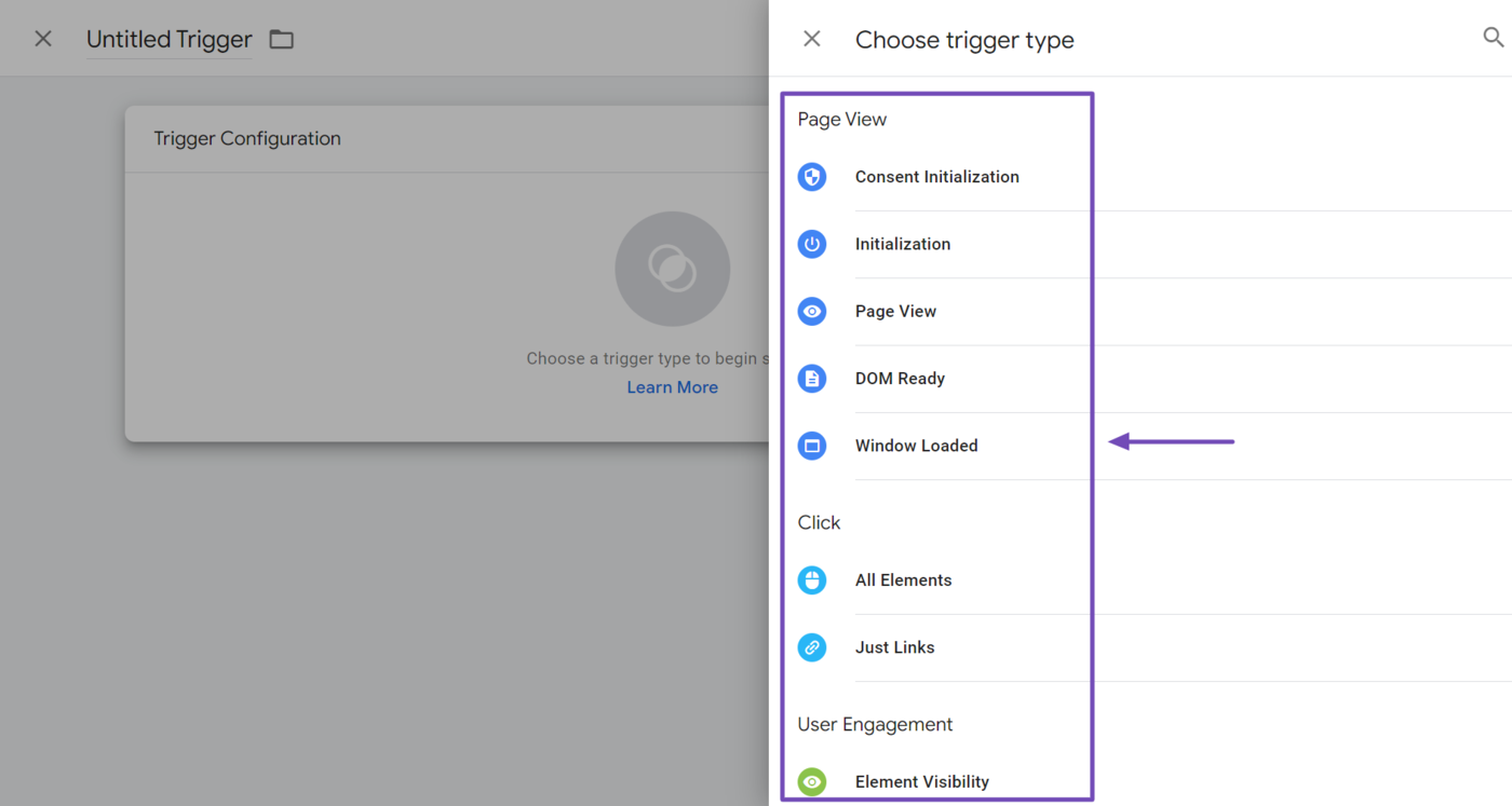 Sample of the triggers in Google Tag Manager