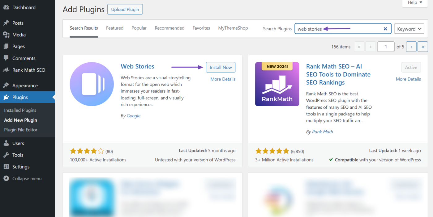 Search for Web Stories and click Install Now