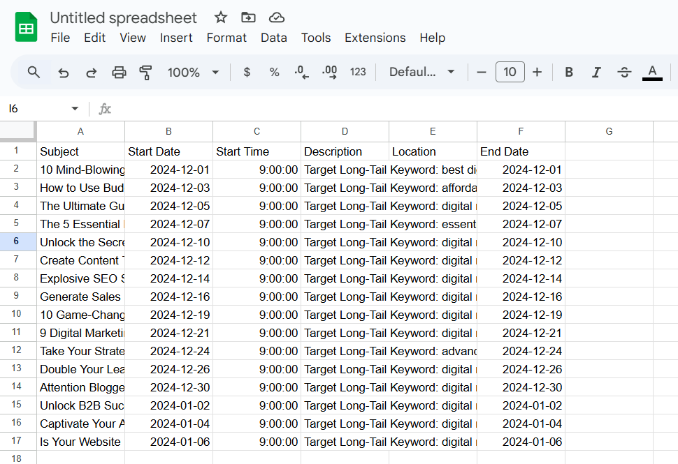 add content calendar info to Google sheet