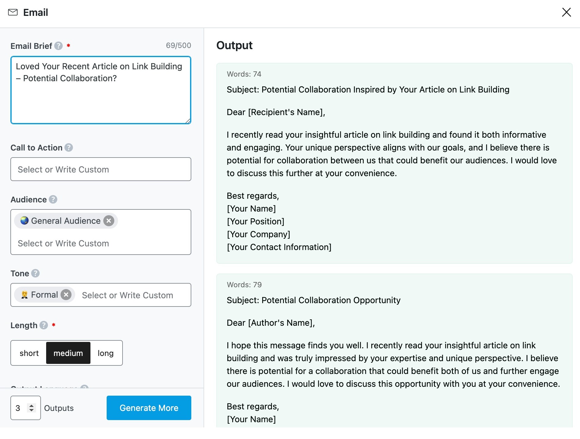 Create email for SEO outreach using Email AI tool