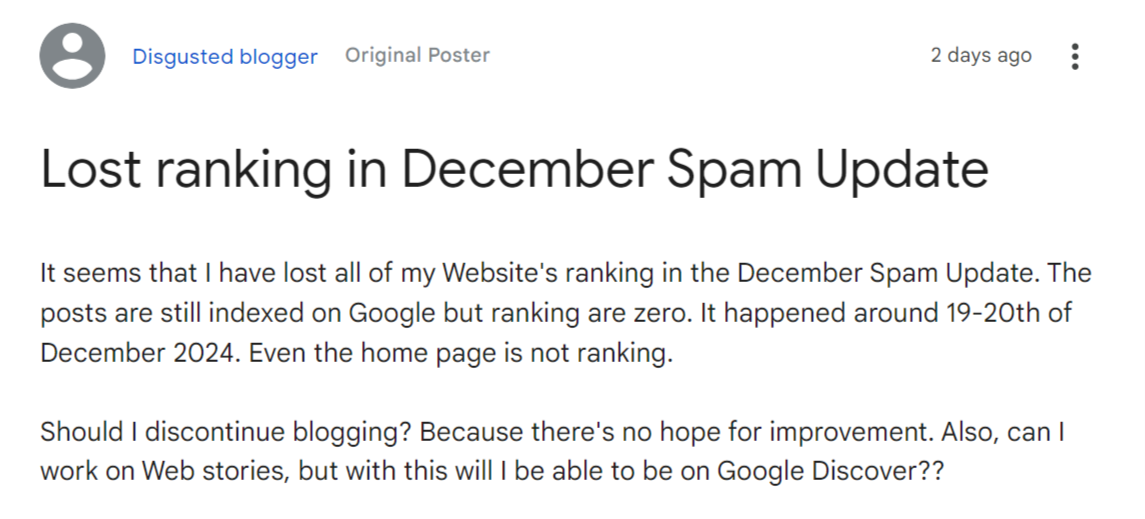 Blogger complains about losing his traffic to the December 2024 Spam Update