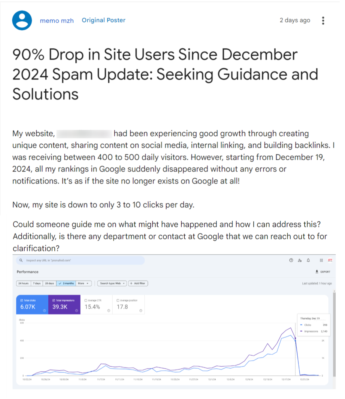 Blogger complains about losing traffic to the December 2024 Core Update after it was released