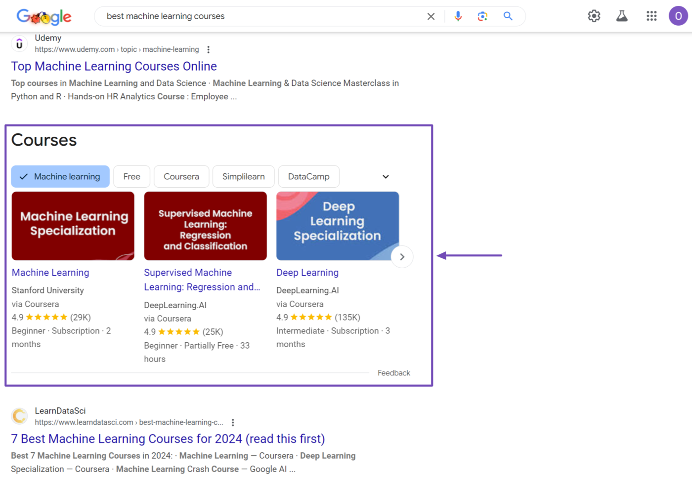 Course info rich results on Google results pages