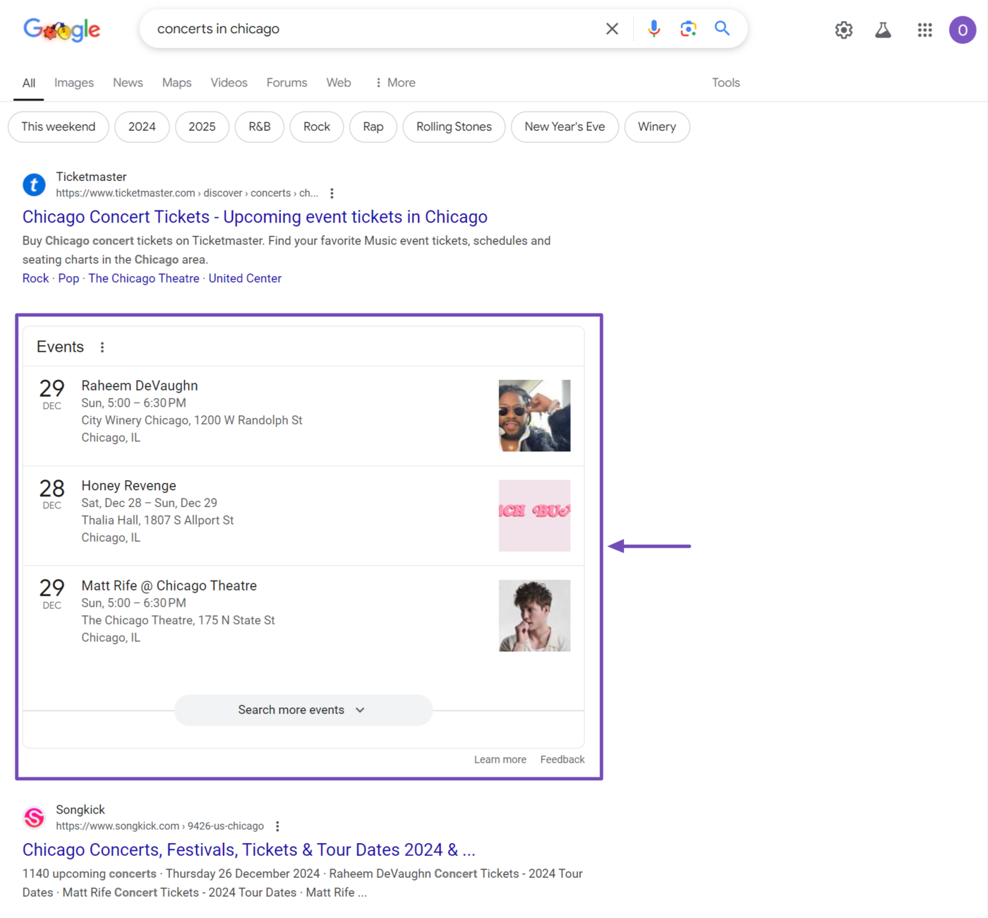 Event rich results on Google results pages