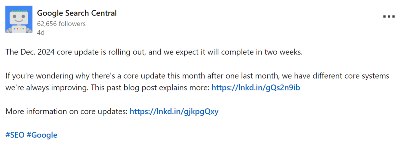 Google announces the December 2024 Core Update on LinkedIn