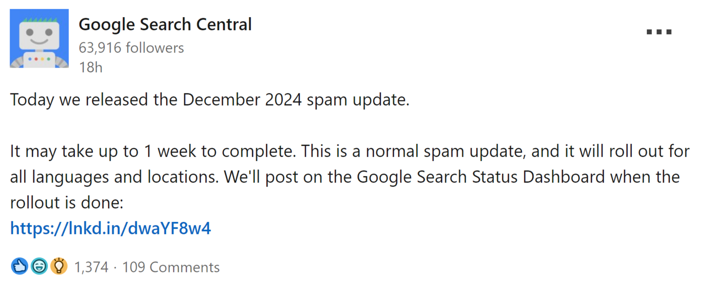 Google's announces the December 2024 Spam Update on LinkedIn