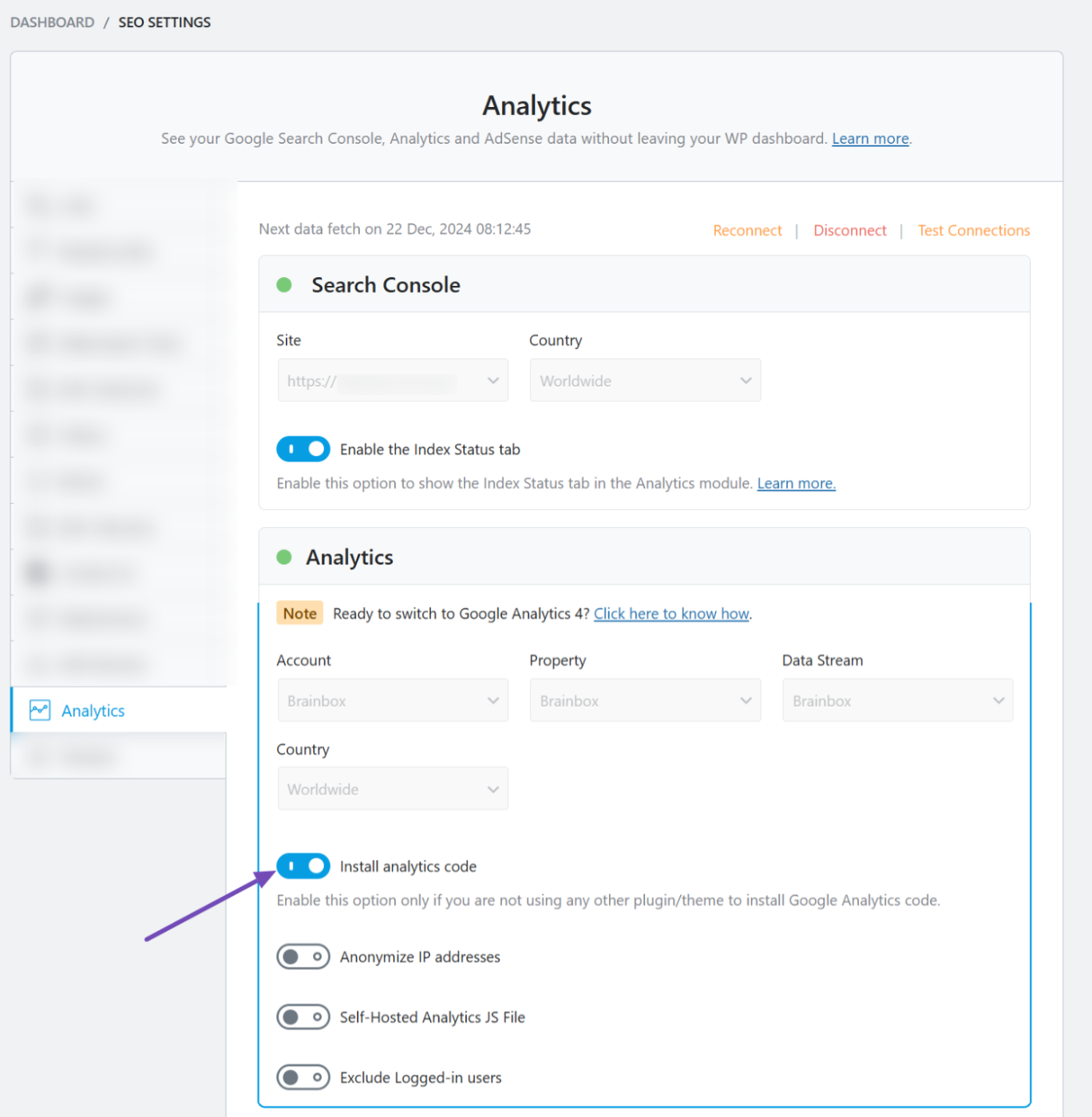 Install analytics code via Rank Math