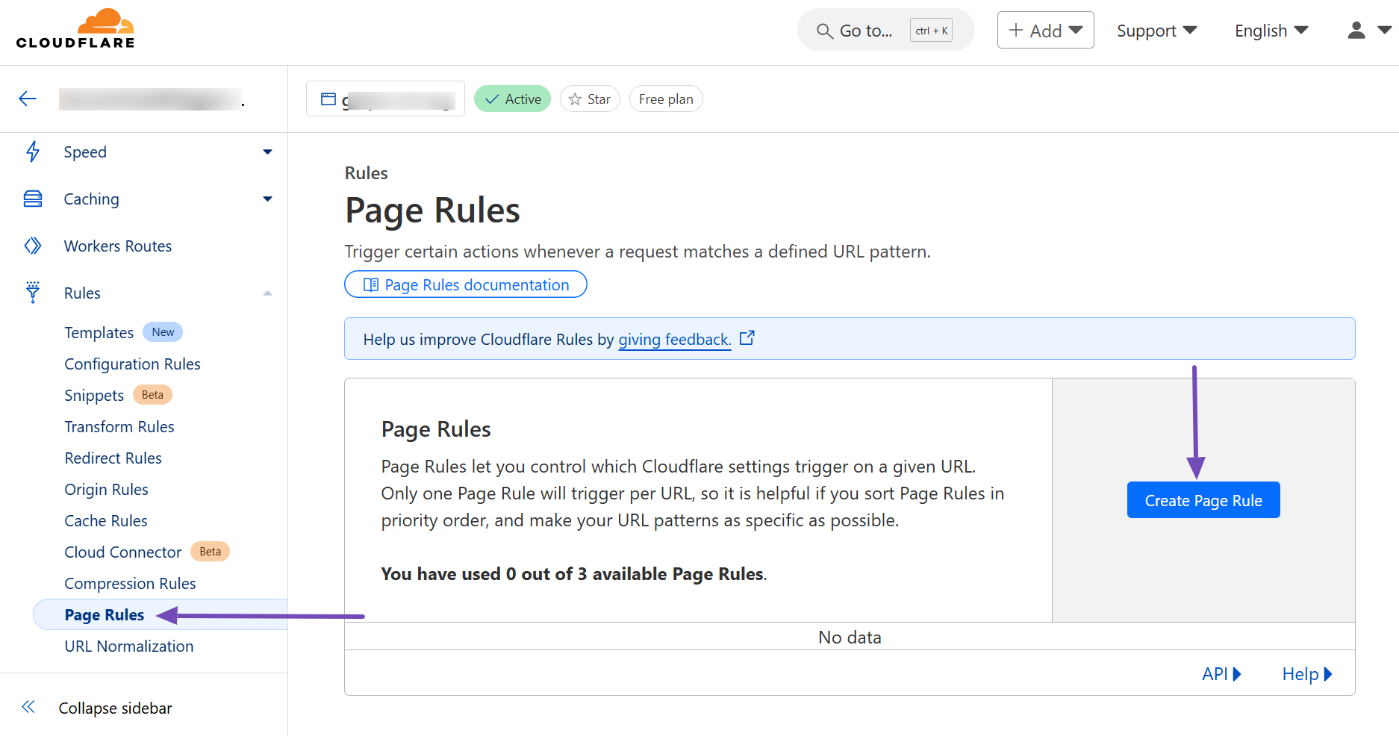 Page Rules settings on Clouflare