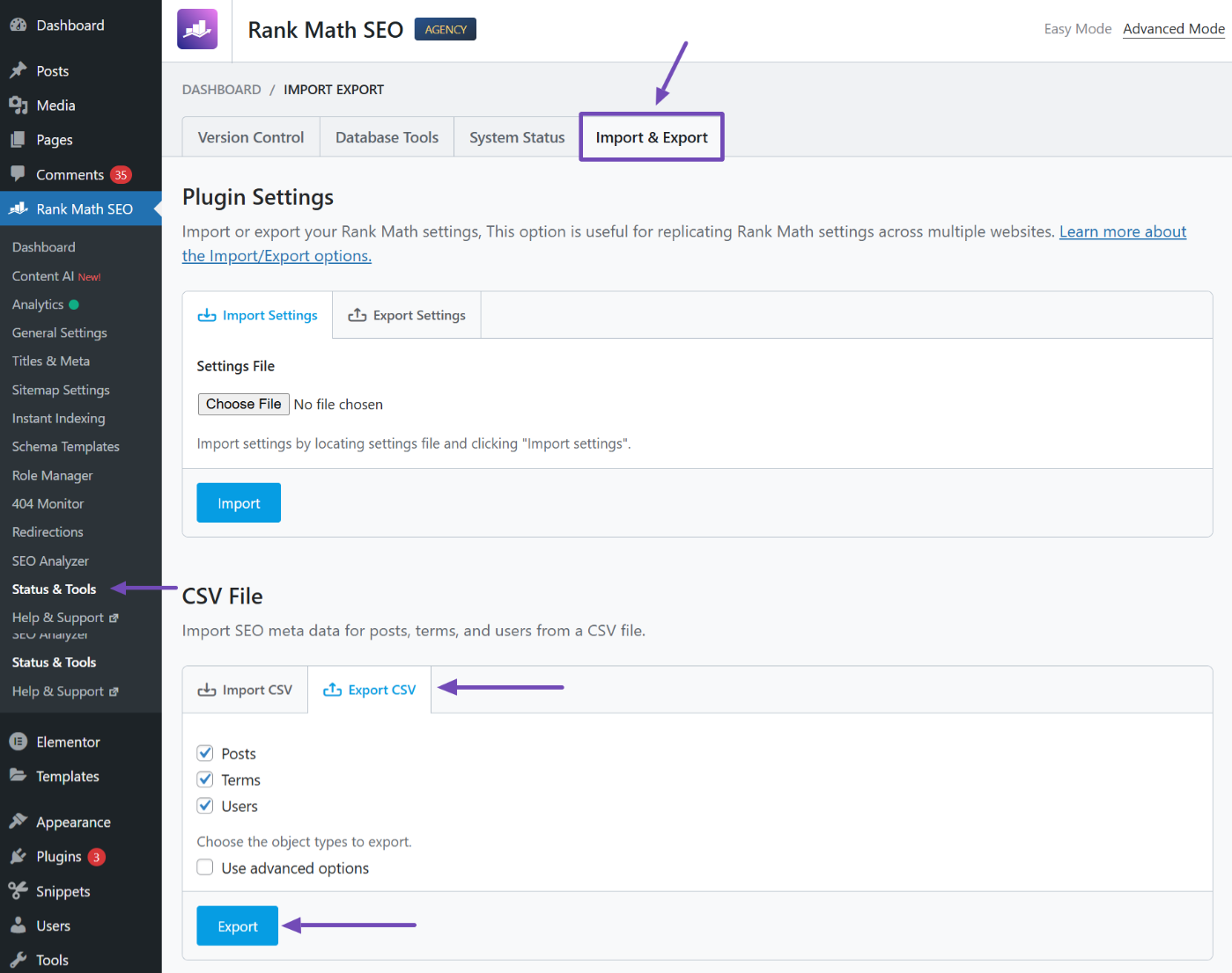 Rank Math Export CSV feature