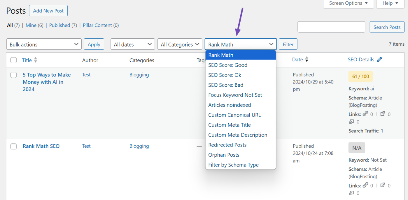 Rank Math pages filter feature