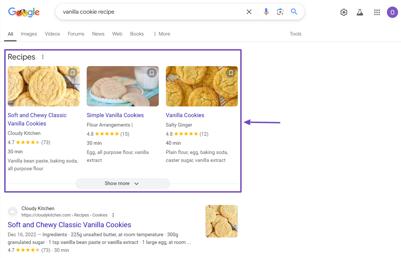 Recipe rich results on Google results pages