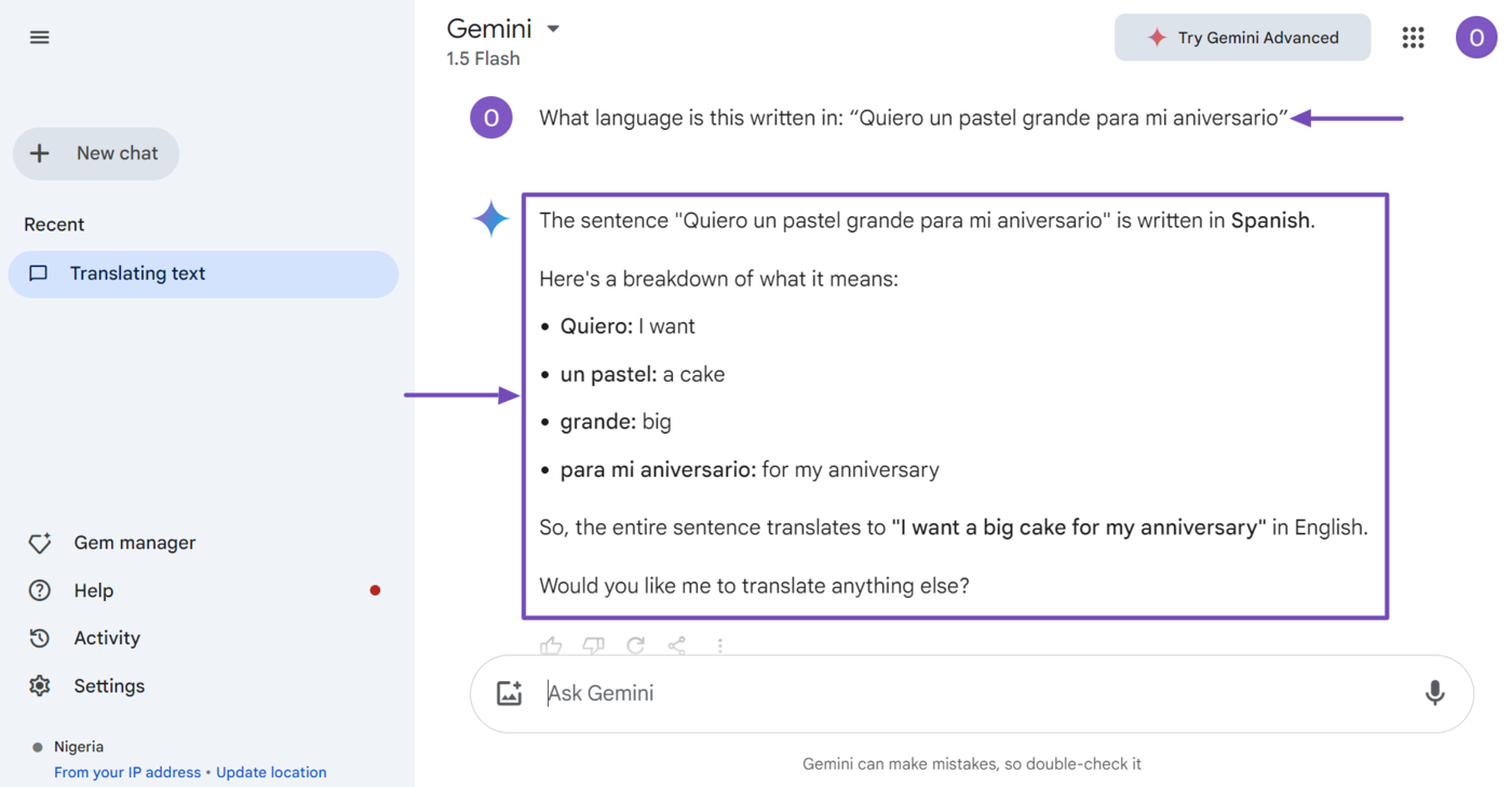 Sample of Gemini identifying the language of a text