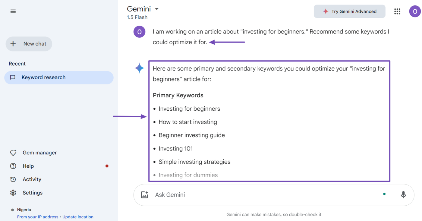 Sample of Gemini performing basic SEO functions