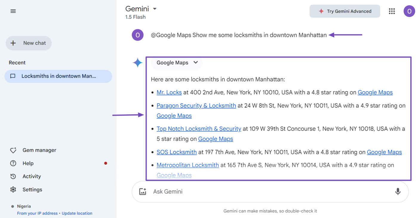 Sample of Gemini showing a result from Google Maps