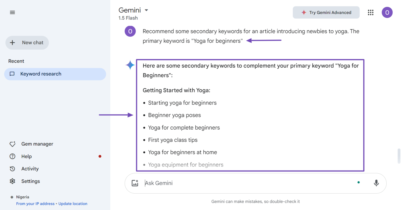 Sample of Gemini suggesting keywords for an article