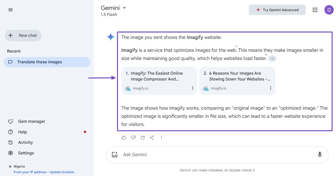 Sample of Gemini translating the context of an image