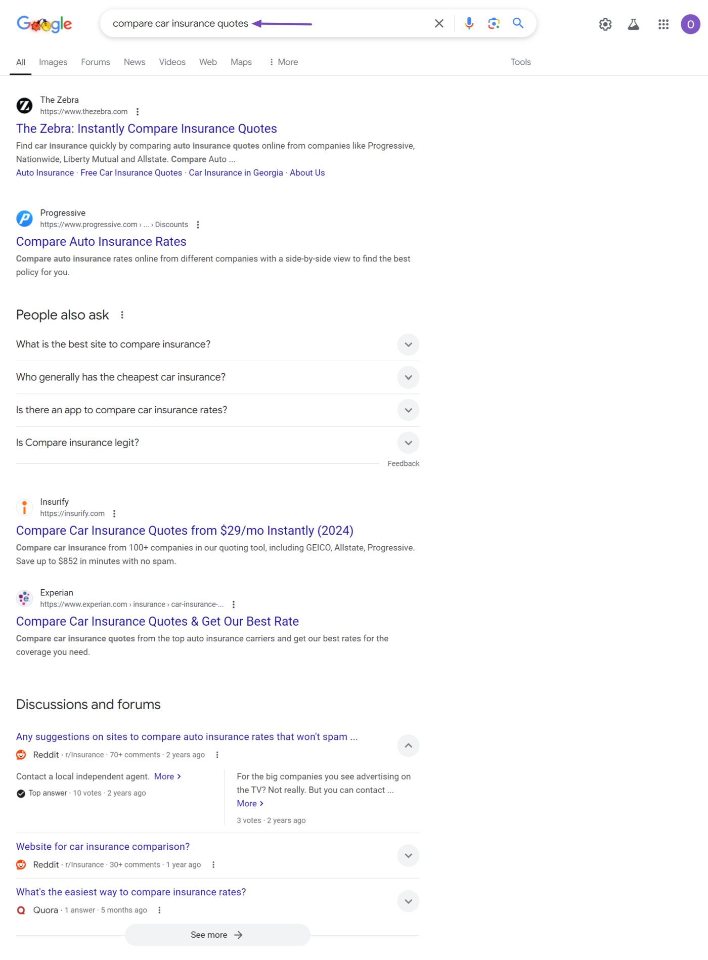 Sample of a search engine results page for a commercial query