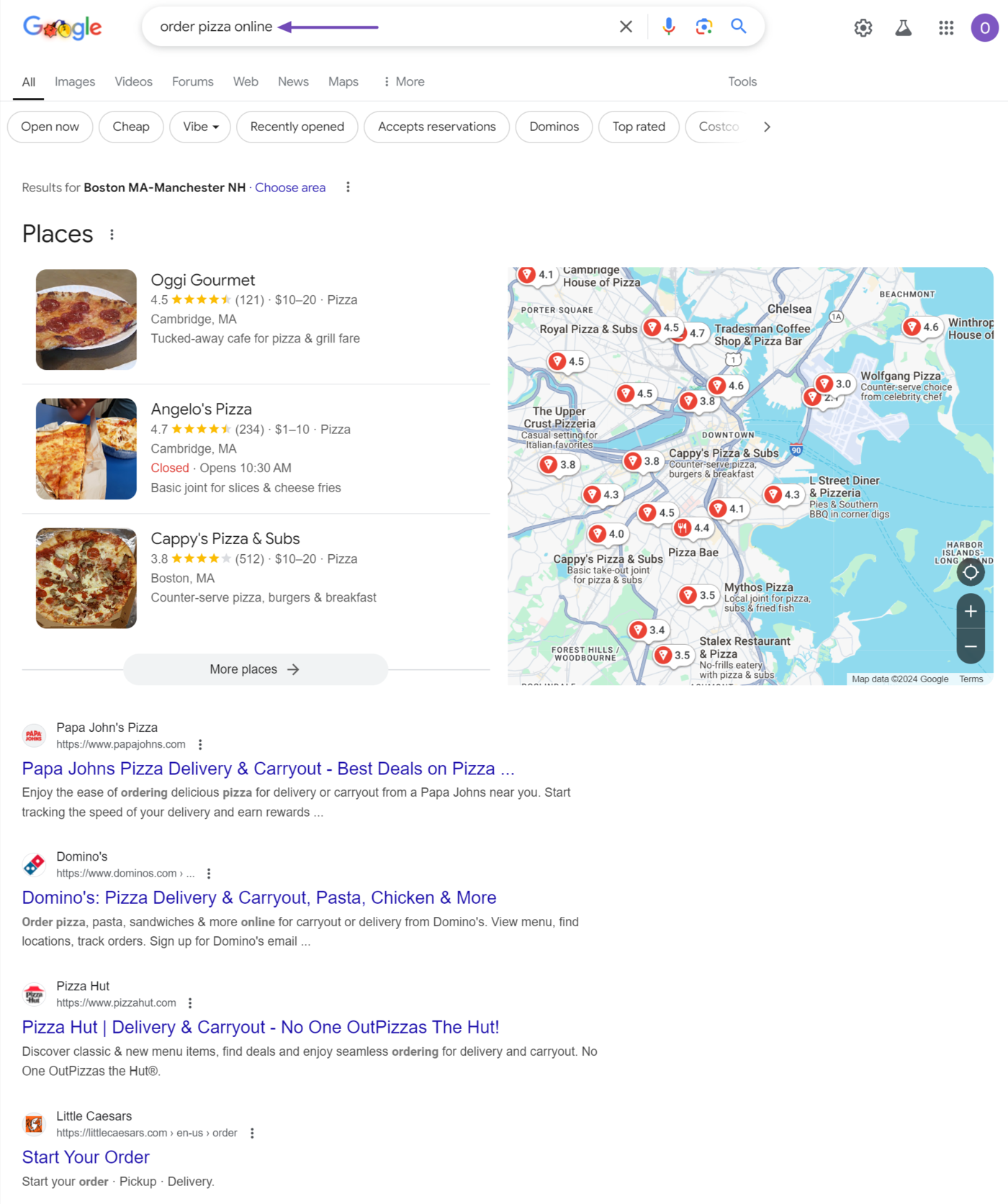 Sample of a search engine results page for a transactional query