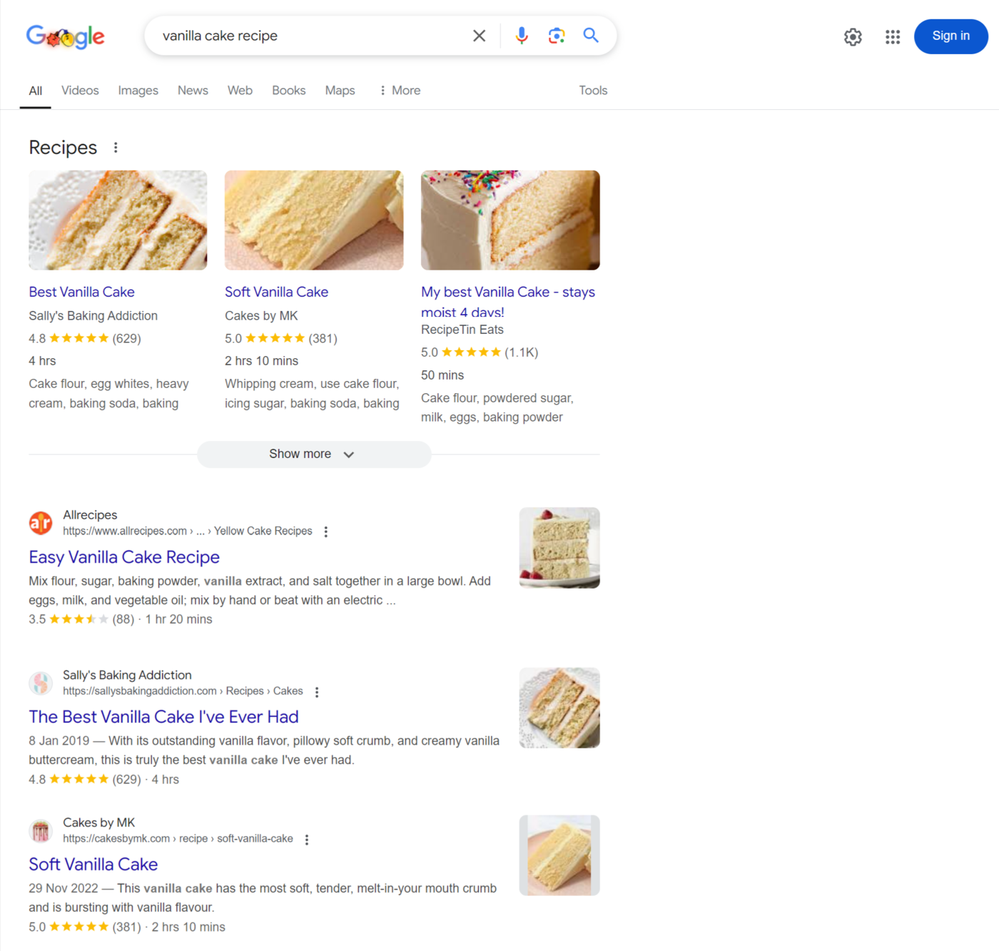 Sample of a search results page for an informational query