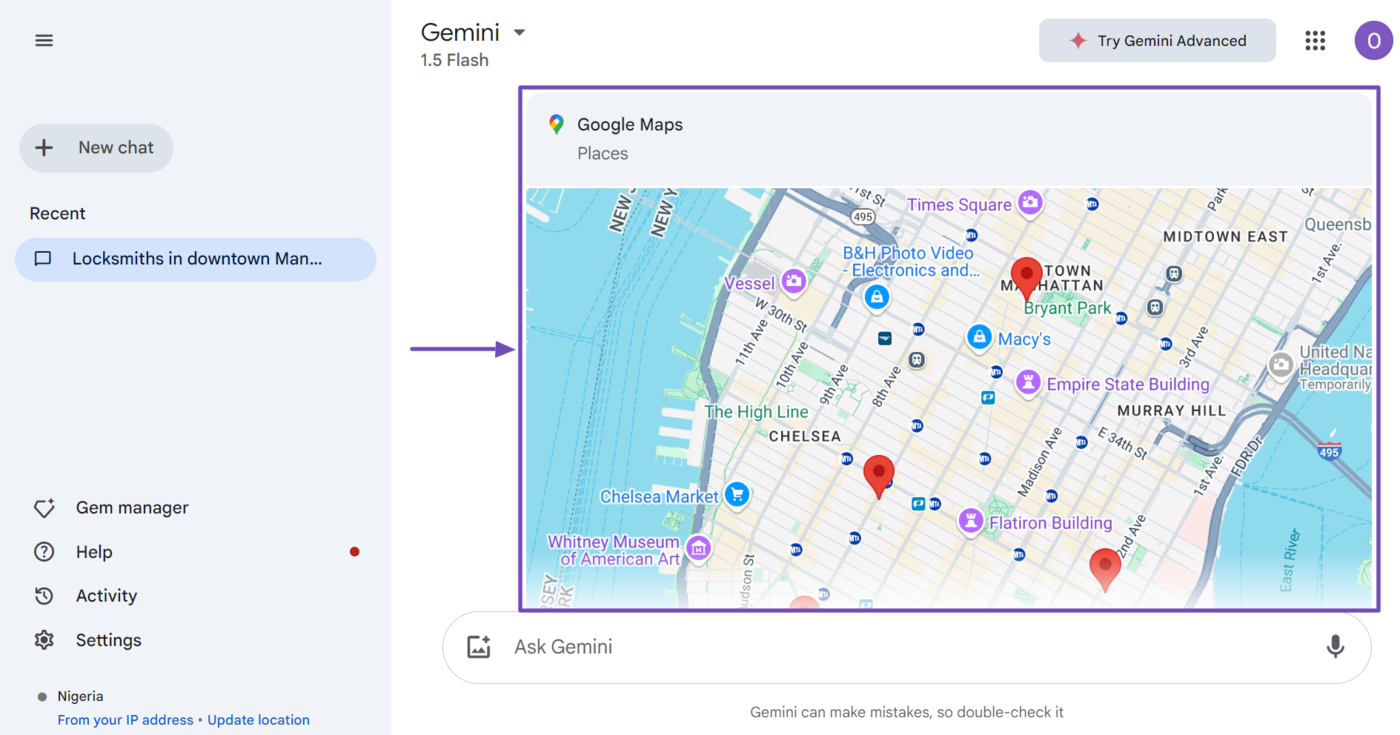 Sample of the Google Maps in Gemini