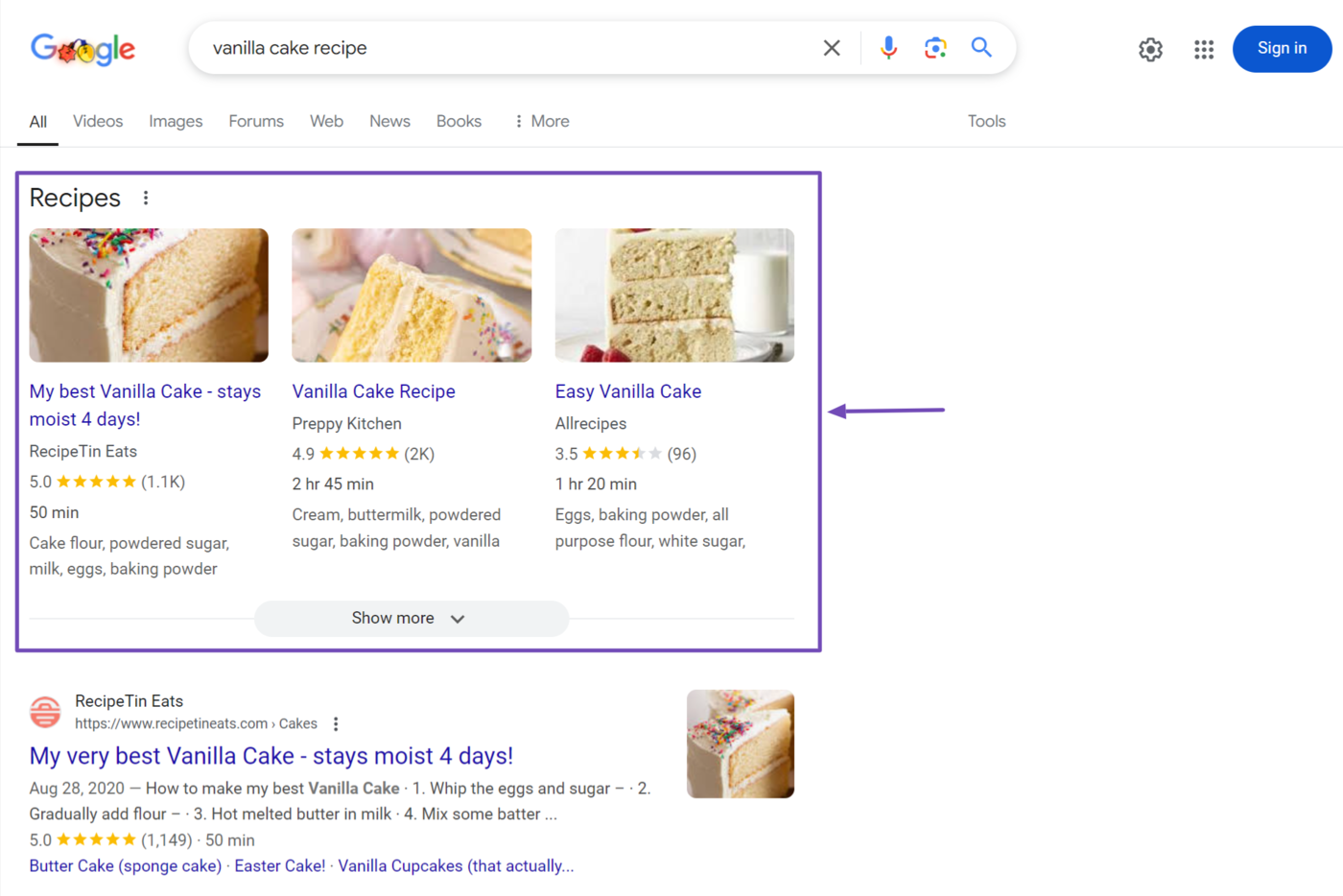 Sample of the carousel rich snippet on Google results page