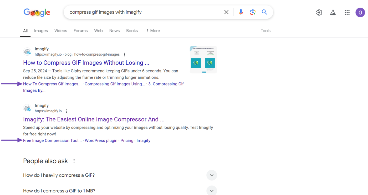 Sample of the horizontal sitelinks on Google results pages