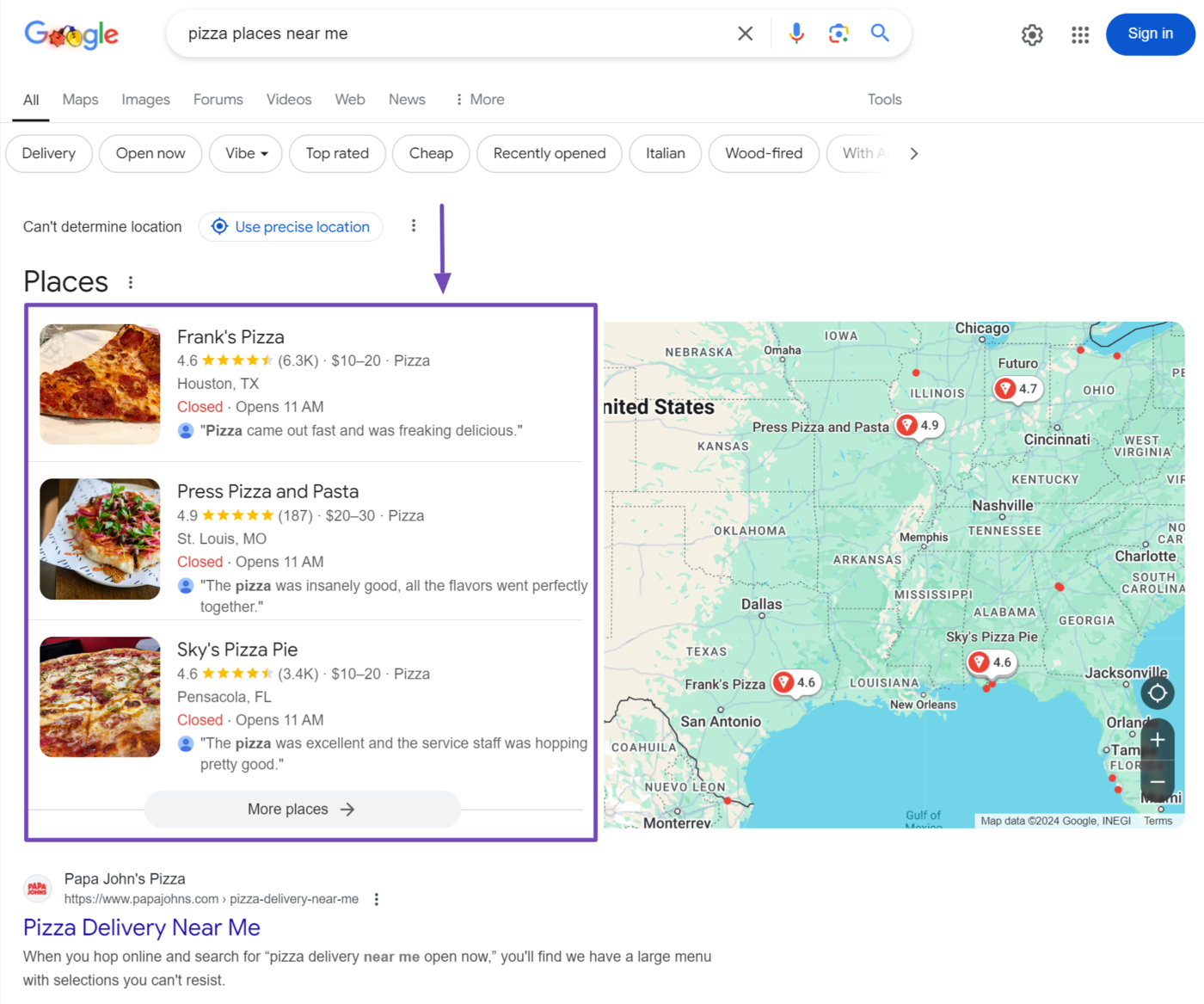 Sample of the local results on search results pages