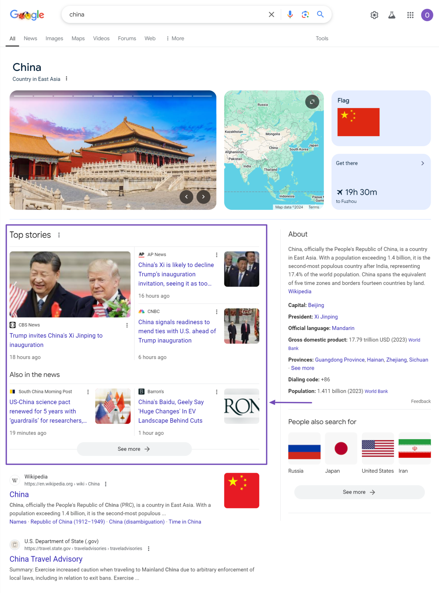 Sample of the news results on a search engine results page