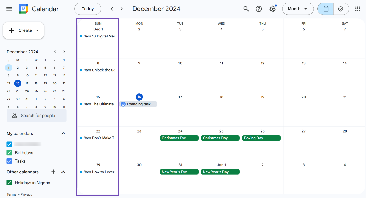 Schedule for December 2024