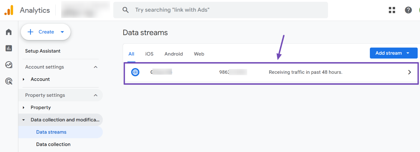 Select your website data stream on GA