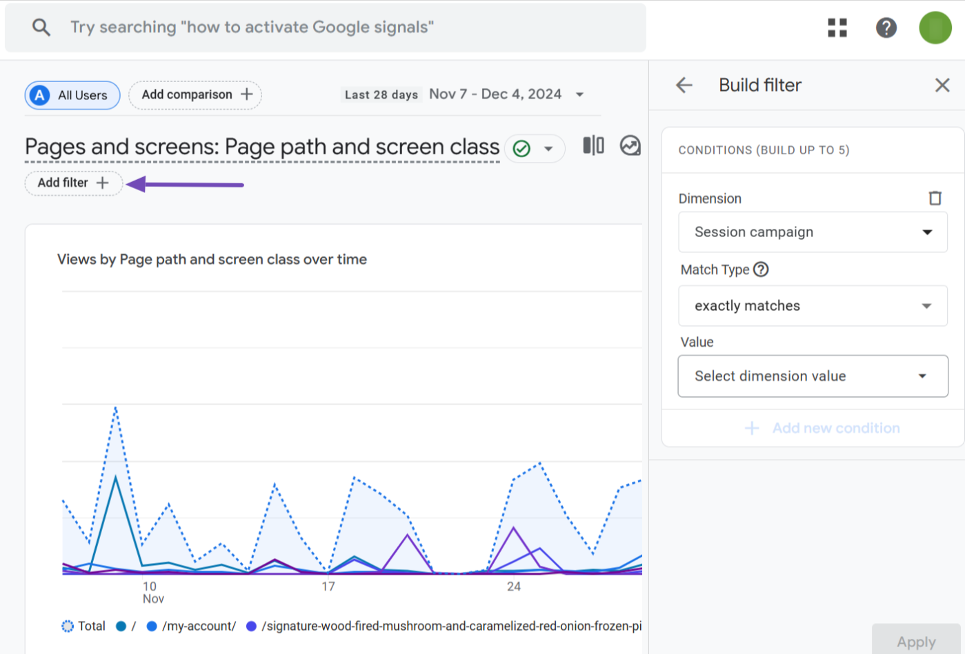 filter pages on Google Analytics