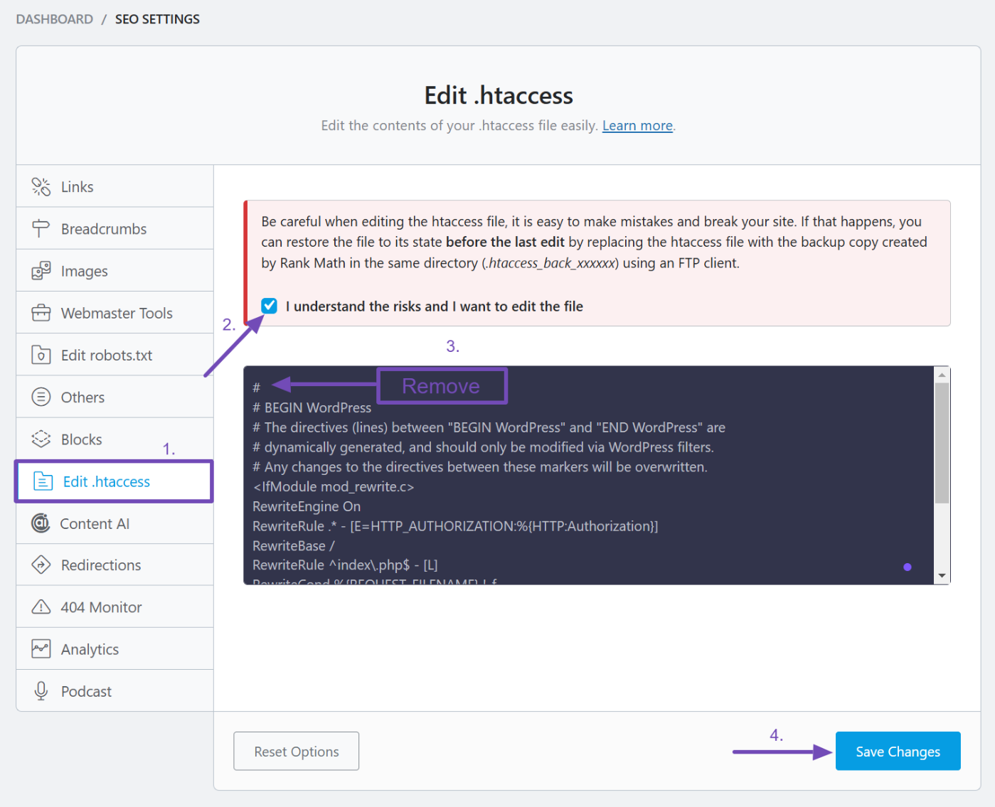 Regenerate .htaccess with Rank Math