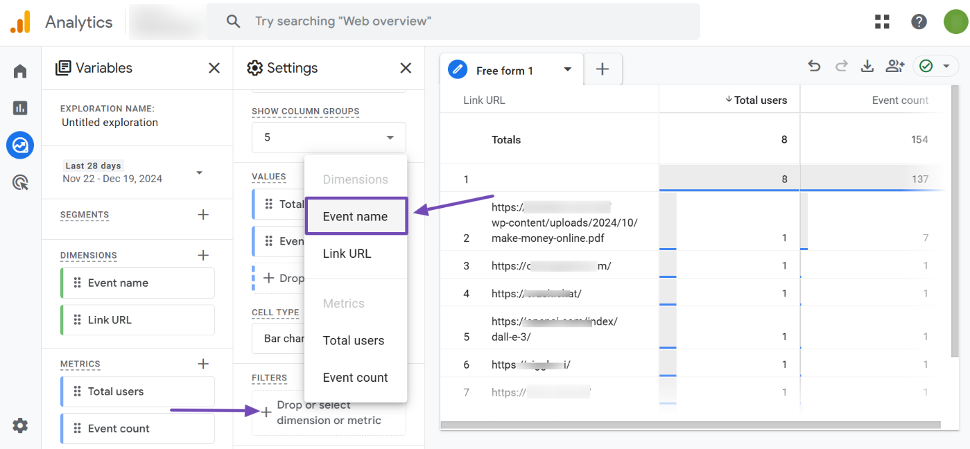 Add Event name as dimension or metric field