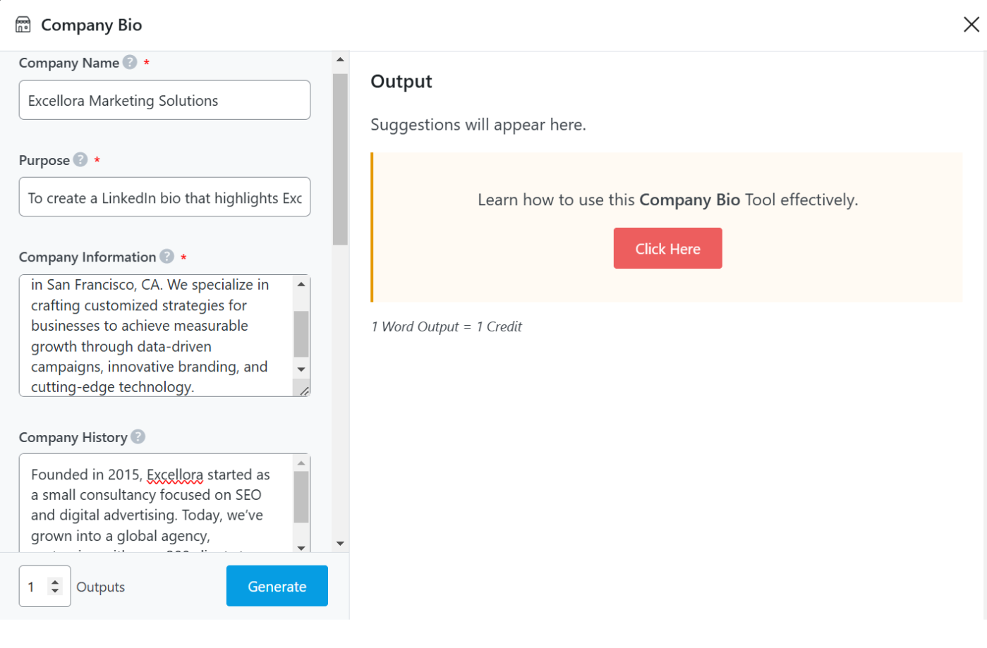 Adding your company's details in the Company Bio AI tool