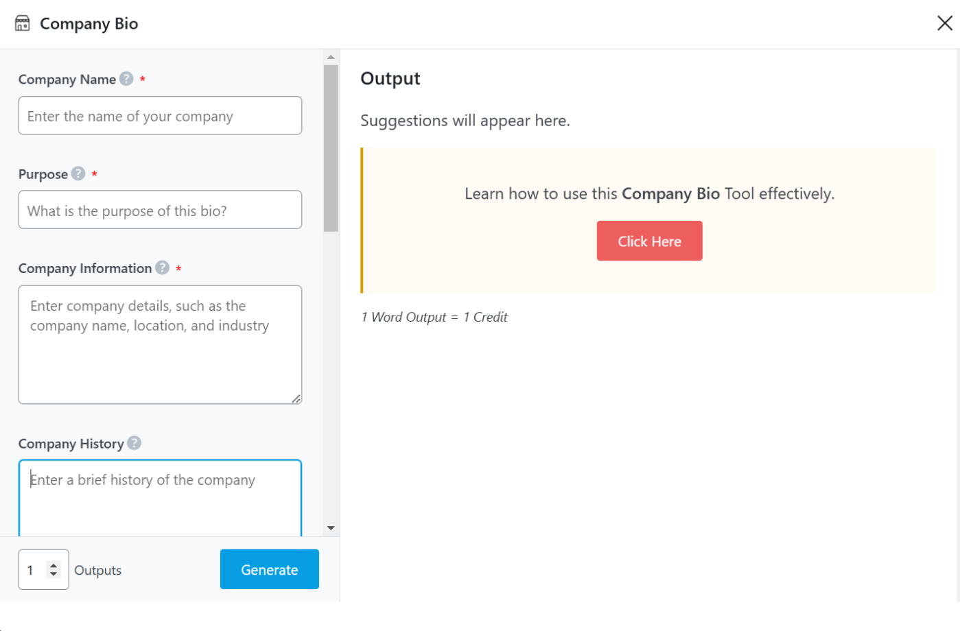 Company Bio AI tool interface