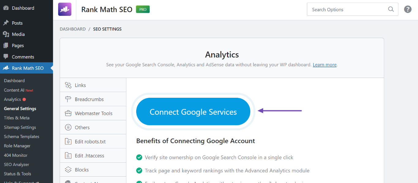 Connect to Google Services in Rank Math