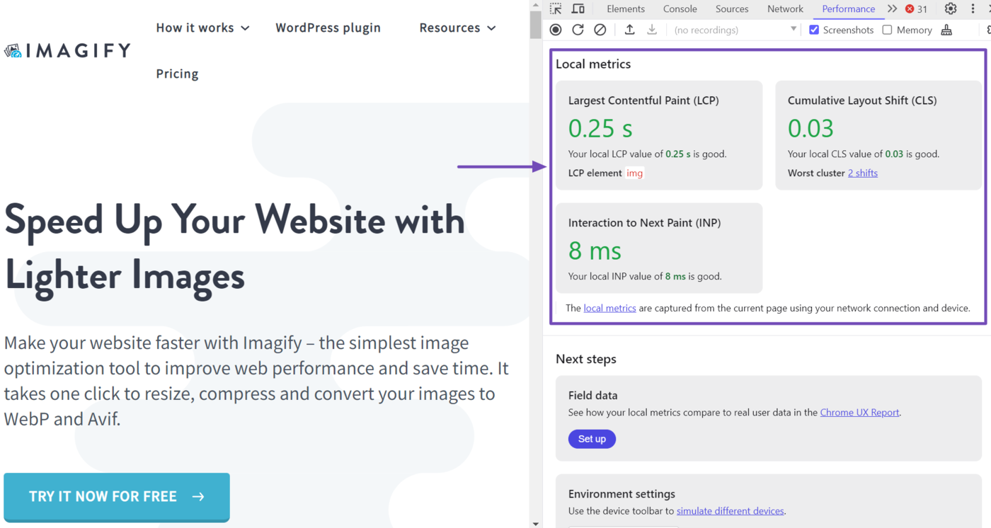 DevTools will display your Core Web Vitals metrics