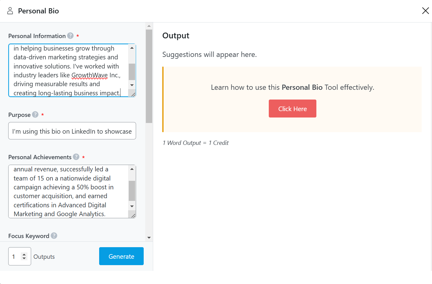 Filling in the Personal Bio AI tool fields