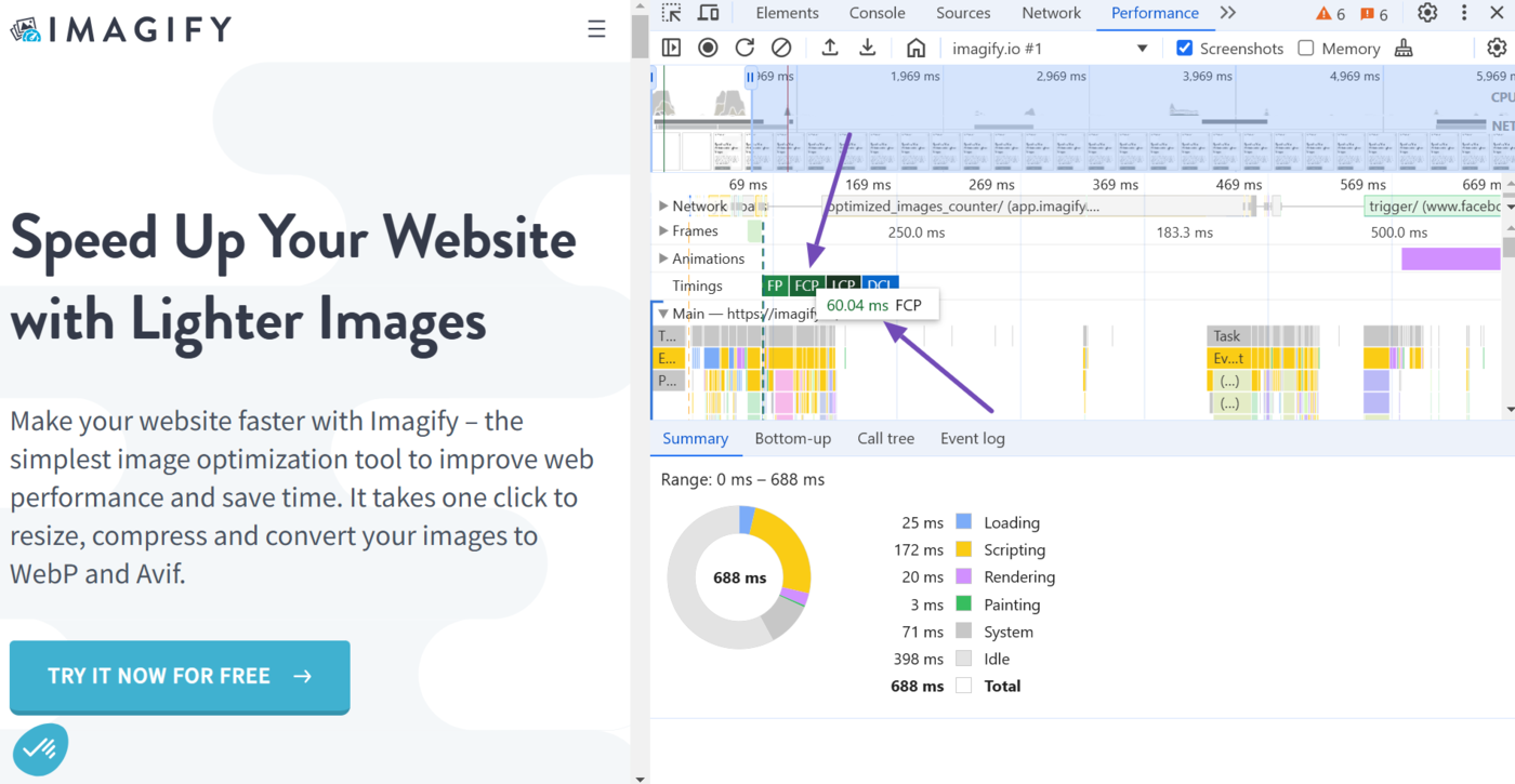 Hover over the first contentful paint in the Timings lane