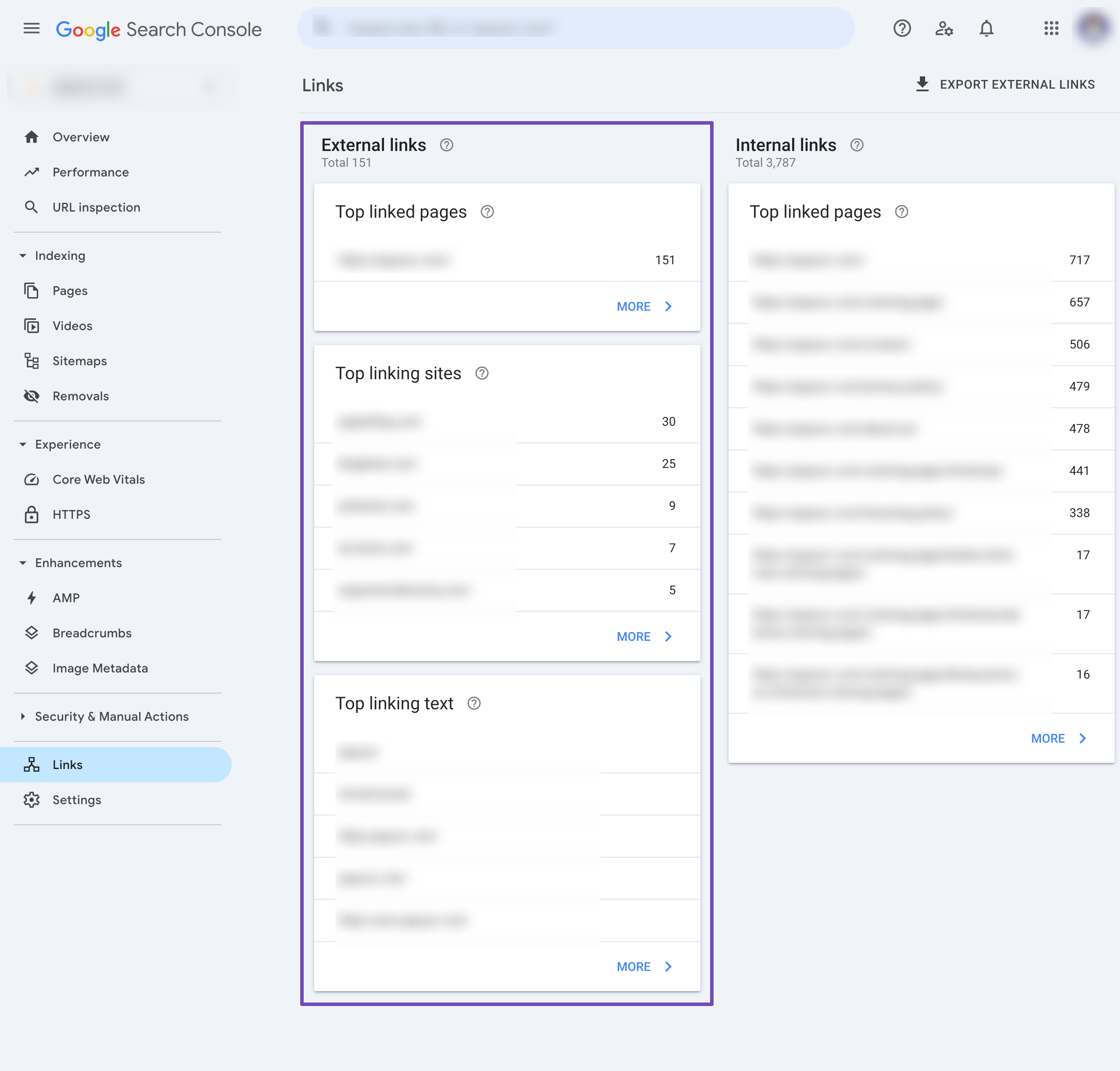 Links report in Google Search Console