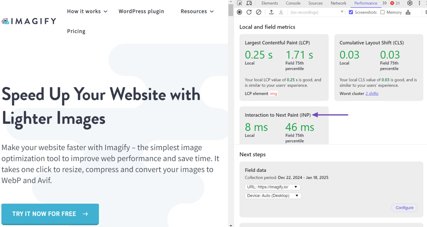 Sample of the Interaction to Next Paint local and field metrics in DevTools