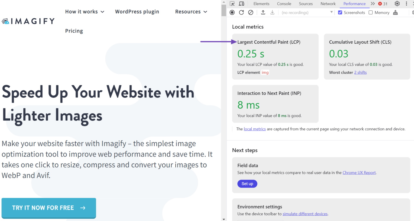 Sample of the Largest Contentful Paint score in DevTools