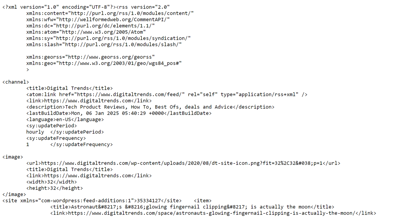 Sample of the XML code of a RSS feed