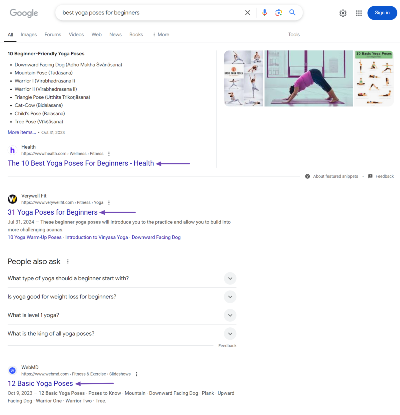 Sample of the search results page for a long-tail keyword