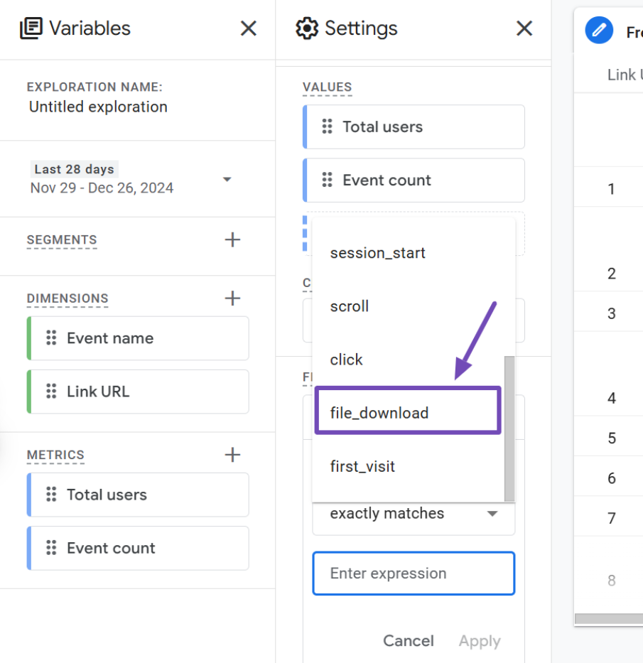 Selecting file download on GA4