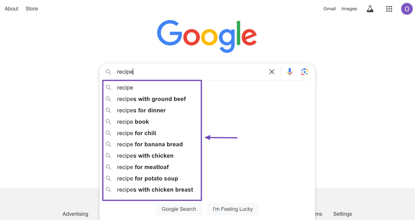 Short-tail keywords in Google Autocomplete