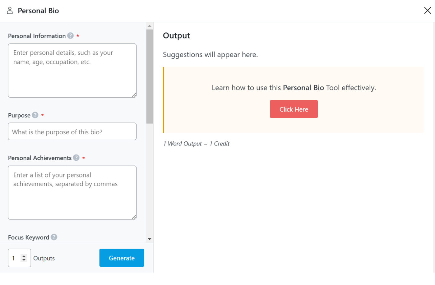 The Personal Bio AI tool interface