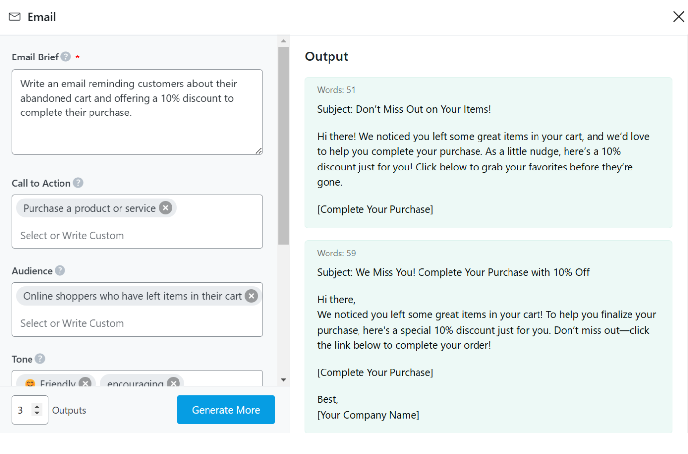 Write abandoned cart email with Email AI tool