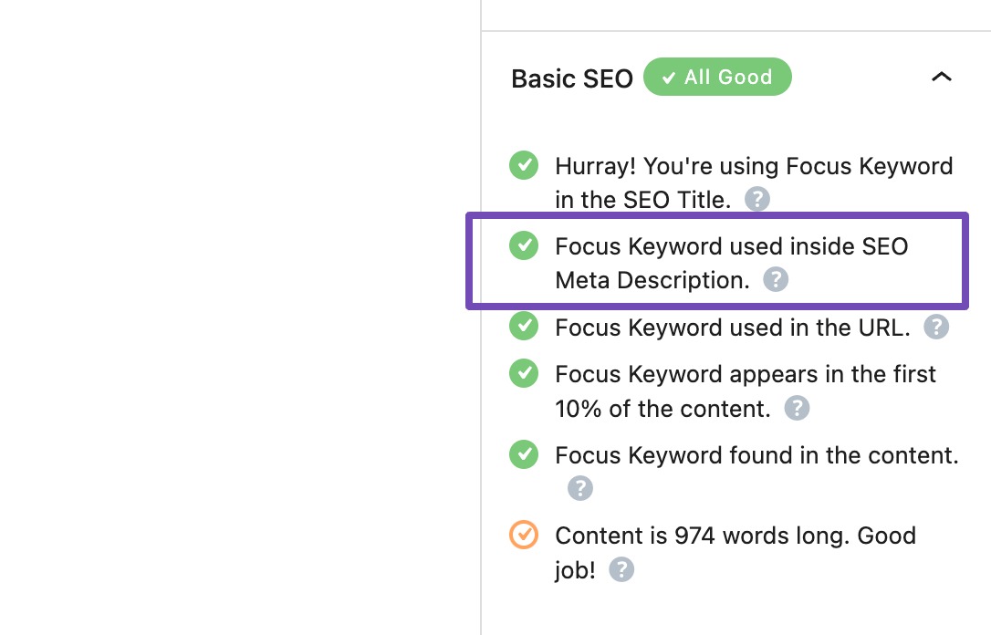 Focus keyword in Description check in Rank Math